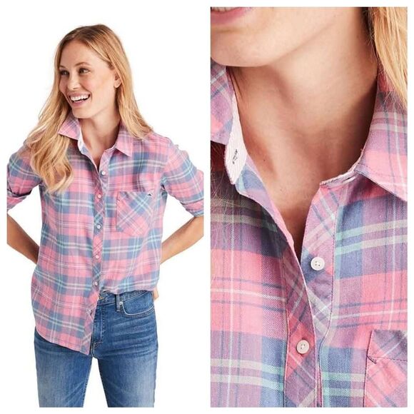 Vineyard Vines Pacific Plaid Chilmark Relaxed Button Down Shirt Womens 4 Stretch - Picture 1 of 7